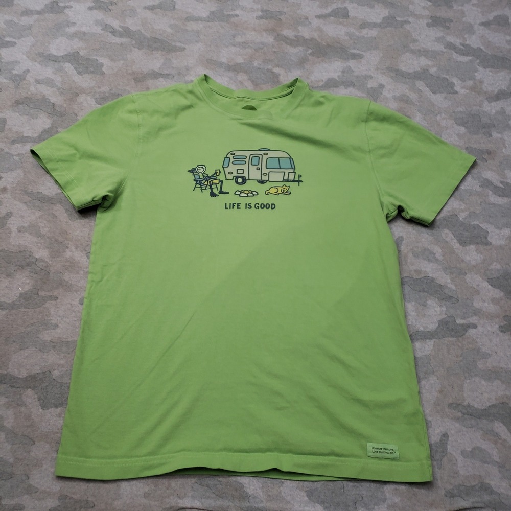 Life is Good Shirt Mens Medium Green Camper Camping Graphic Short Sleeve Tee